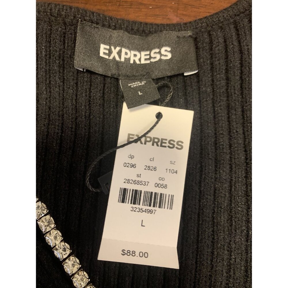 NWT Express Puffed Shoulder Rhinestone Trim Neckline Sweater Size L - Picture 4 of 8